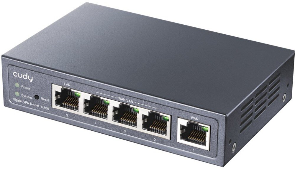 Router CUDY R700 Widok z przodu na metalową obudowę małego routera z pięcioma portami Ethernet oznaczonymi jako LAN, WAN/LAN i WAN. Po lewej stronie znajdują się trzy kontrolki LED oraz przycisk reset, opis