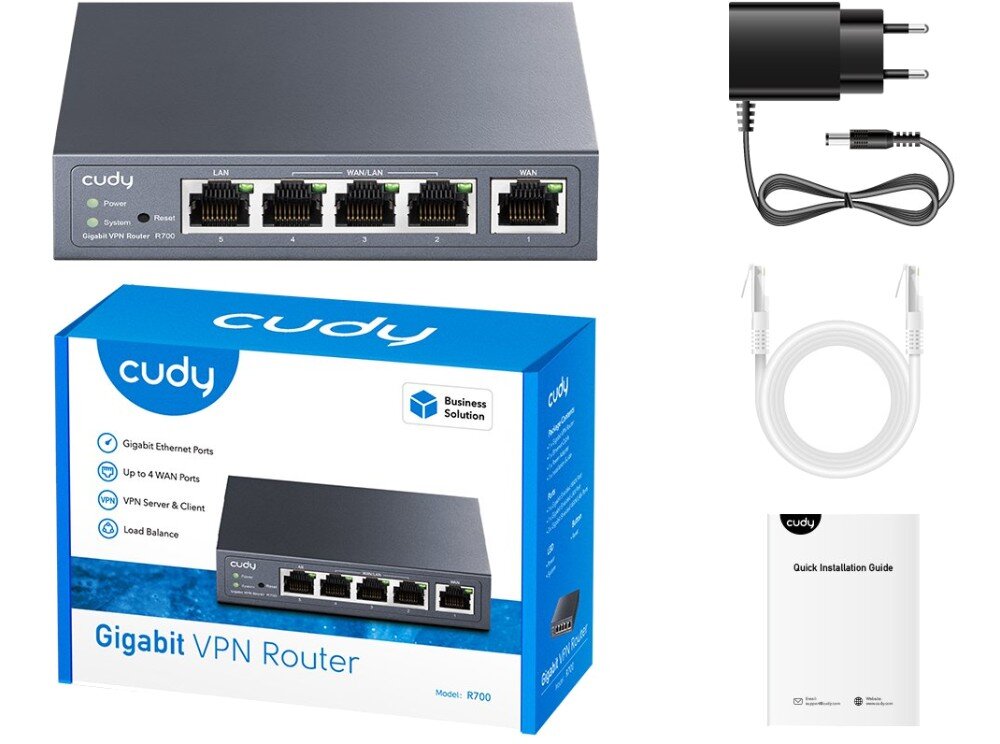 Router CUDY R700 Zestaw widoczny na zdjęciu obejmuje router, zasilacz, przewód Ethernet, instrukcję instalacji oraz pudełko produktu z oznaczeniem funkcji takich jak porty gigabitowe, obsługa VPN i równoważenie obciążenia, opakowanie