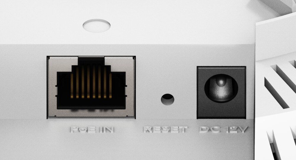 Punkt dostępu CUDY AP1300 Zbliżenie na złącza punktu dostępowego: port Ethernet z funkcją zasilania PoE, przycisk reset i gniazdo zasilania 12V, montaż, zasilanie PoE