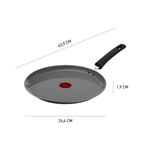 Patelnia TEFAL Renew C4253813 z oznaczeniem wymiarów: 43,9 cm x 1,9 cm x 26,4 cm.