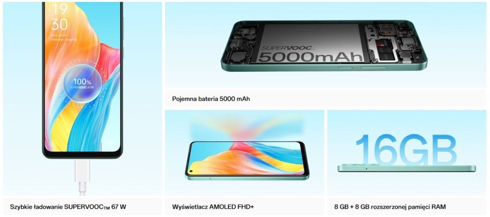 Smartfon OPPO A78 ekran bateria aparat procesor ram pamięć pojemność rozdzielczość zdjęcia filmy opis dane cechy blokady system łączność wifi bluetooth obudowa szkło odporność porty muzyka transfer sieć przekątna matryca waga czujniki oled amoled ips