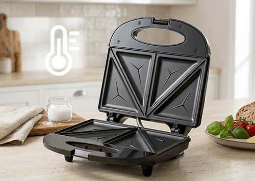 Otwarty opiekacz do kanapek MOP-47 na blacie kuchennym, obok deska i talerz z jedzeniem. Przy urządzeniu ikona termometru.