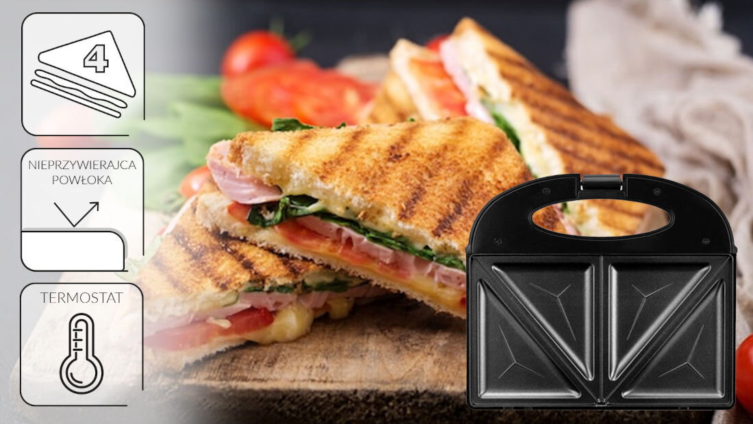 Opiekacz MPM MOP-47 udane wypieki posilki cztery trojkatne kanapki nieprzywierajaca powloka skladniki