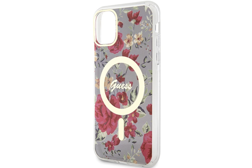 Etui GUESS Flower MagSafe Metal Logo do Apple iPhone 11/Xr luksus wytrzymałość marka elegancja styl wyrafinowanie