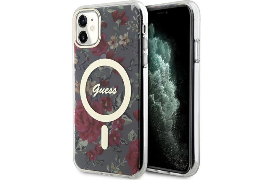 Etui GUESS Flower MagSafe Metal Logo do Apple iPhone 11/Xr luksus wytrzymałość marka elegancja styl wyrafinowanie