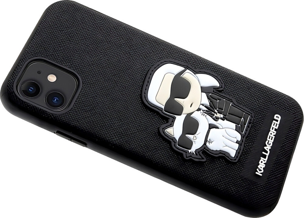 Etui KARL LAGERFELD Saffiano Karl&Choupette do Apple iPhone 11/Xr Czarny kompatybilność przeznaczenie naszywka cechy