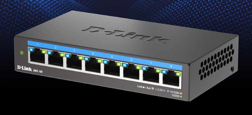 Switch D-LINK DMS-108 Ośmioportowy przełącznik sieciowy z widocznymi gniazdami Ethernet z przodu, ponumerowanymi od 1 do 8, na tle niebieskiej grafiki z siatką kropek