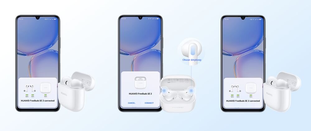 Słuchawki douszne HUAWEI SE 2 dźwięk moc łączność szumy redukcja szumów hałas głośność zakres częstotliwość waga zasilanie ładowanie złącze port wtyczka działanie etui smartfon sterowanie wygoda muzyka