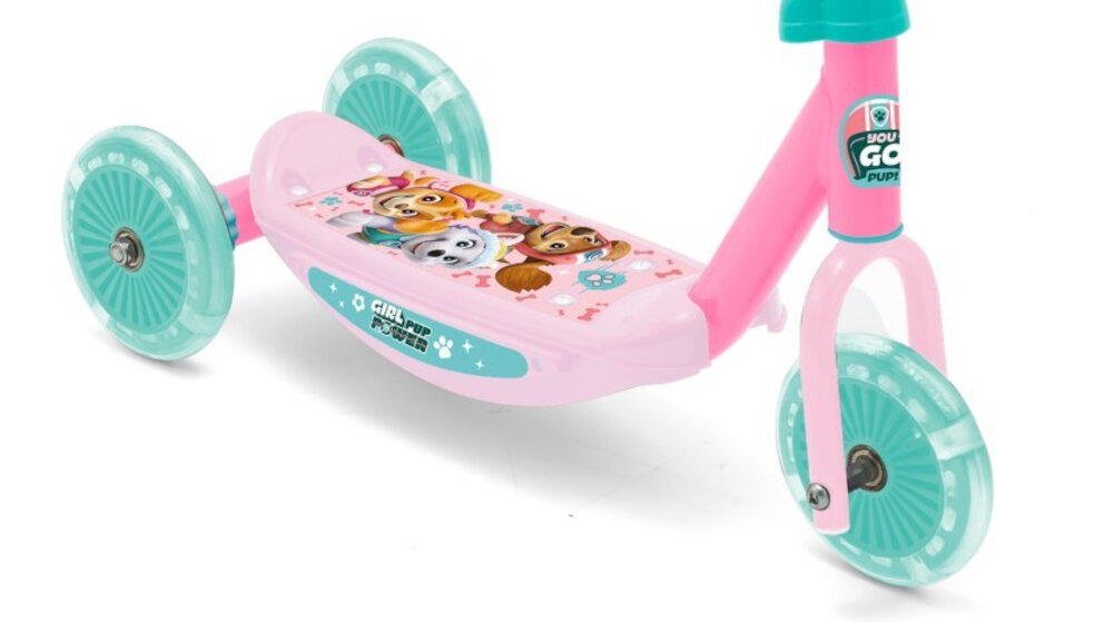 Hulajnoga dla dzieci NICKELODEON Psi Patrol Baby 34014 Girls 3 kolka rozmiar 120 mm jedno z przodu dwa z tylu stabilnosc z PVC lozyska klasy ABEC-5 odpowiednia przyczepnosc