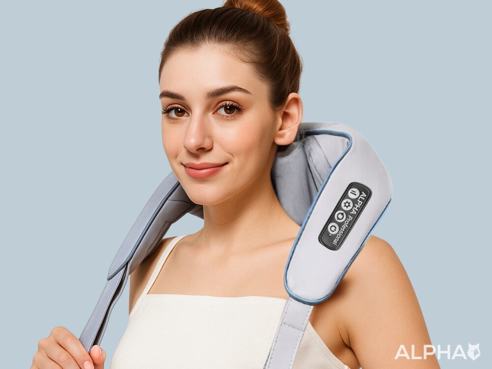 Masażer do karku ALPHA AMP-02 możliwość zmiany kierunku obrotu głowic, lepsze dopasowanie masażu, większa skuteczność działania, bezpieczne korzystanie