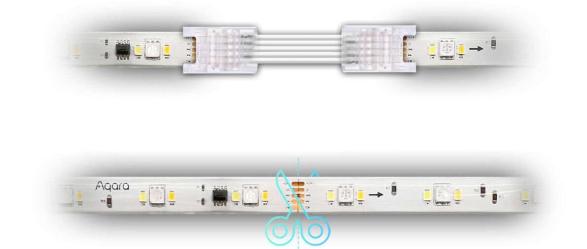 Taśma LED AQARA Strip T1 Basic 2 m, przycinanie, regulacja, mocowanie, adaptacja, IP44, Wizualizacja taśmy LED do cięcia, oraz modyfikacja złączenia łączką