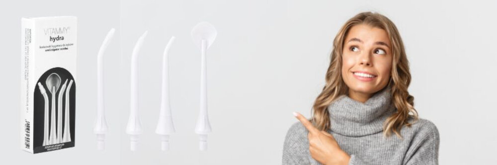 Oryginalna końcówka do irygatora VITAMMY Hydra Biały (4 szt.) (Dla aparatów ortodontycznych) wygląd design prezentacja wizualizacja świeżość jamy ustnej
