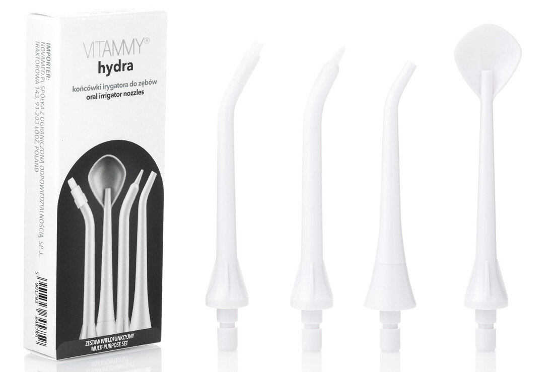 Oryginalna końcówka do irygatora VITAMMY Hydra Biały (4 szt.) (Dla aparatów ortodontycznych) Pełna higiena 4 końcówki czystość, świeżość i zdrowie jamy ustnej wspiera codzienną pielęgnację