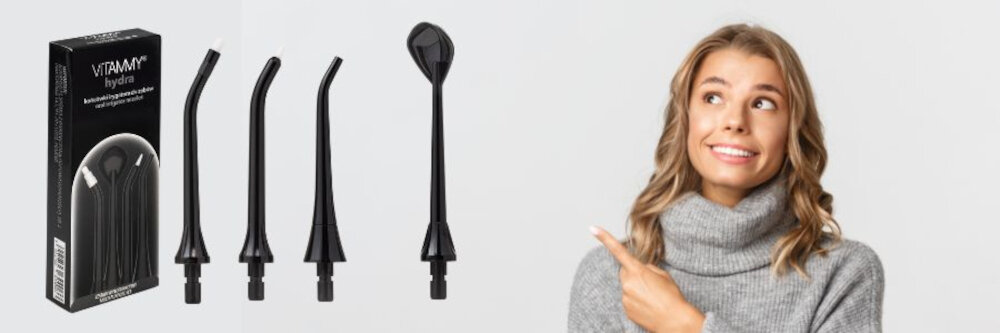 Oryginalna końcówka do irygatora VITAMMY Hydra Czarny (4 szt.) (Dla aparatów ortodontycznych) wygląd design prezentacja wizualizacja świeżość jamy ustnej
