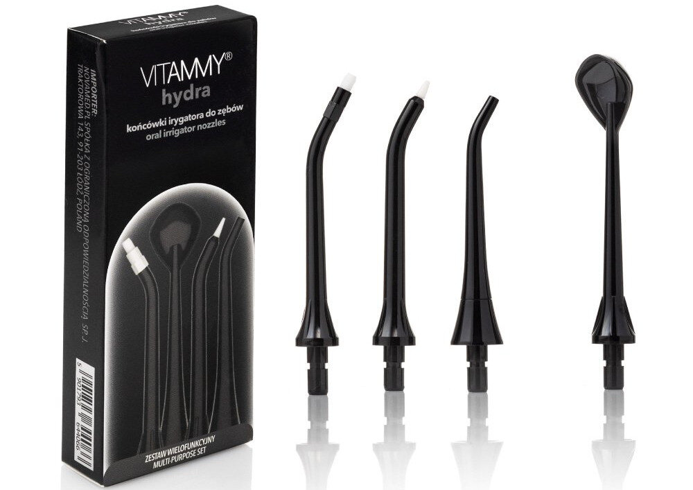 Oryginalna końcówka do irygatora VITAMMY Hydra Czarny (4 szt.) (Dla aparatów ortodontycznych) Pełna higiena 4 końcówki czystość, świeżość i zdrowie jamy ustnej wspiera codzienną pielęgnację