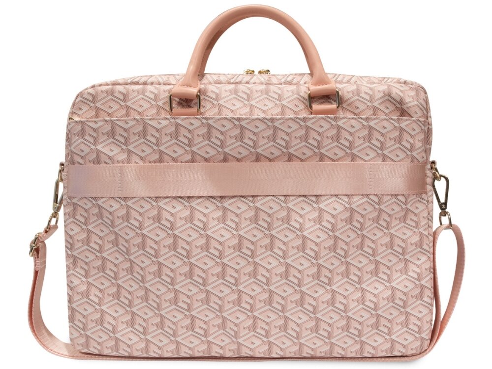 GUESS GCube Stripes Odpinany, regulowany pasek dodatkowy uchwyt do mocowania na walizce dwie duże przegrody trzy mniejsze kieszenie Komora główna laptopy o przekątnej do 16 - torba od tyłu