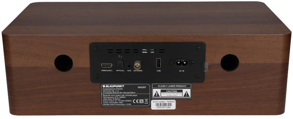 Wieża BLAUPUNKT MS22BT Orzechowy tuner fm, 40 ulubionych stacji radiowych, tylny panel, antena zewnętrzna