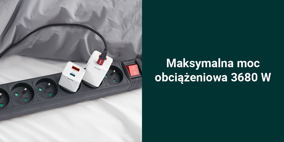 Listwa HAMA Standard 44223709 6GN (3m)
wysoka moc, maksymalne obciążenie 3680 W, możliwość zasilania urządzeń o większym poborze mocy,
produkt z dwiema podłączonymi ładowarkami, zielone tło, biały napis Maksymalna moc obciążeniowa 3680 W