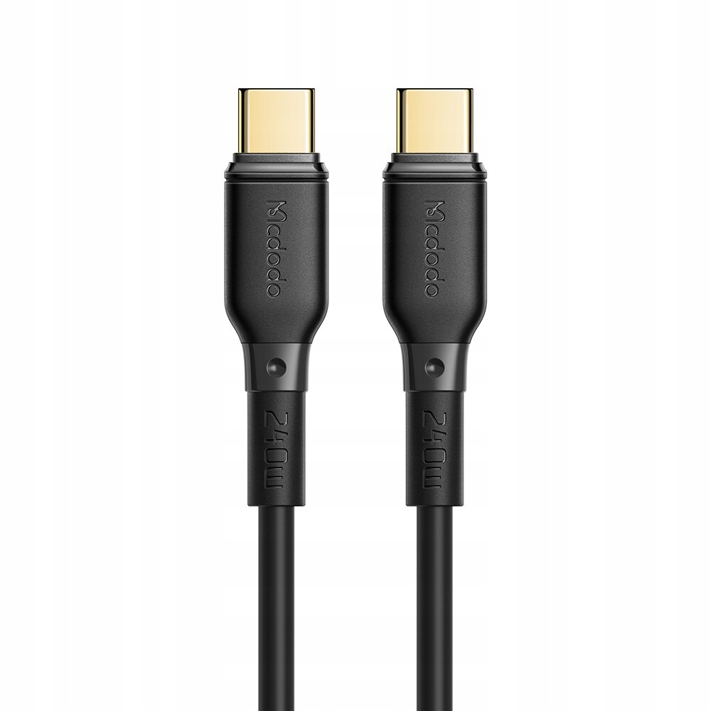 Na obrazie widoczne są dwa czarne kable USB-C z końcówkami w kolorze złotym. Na obudowie kabli widnieje napis \'Mcdodo\' oraz oznaczenie \'240W\'.