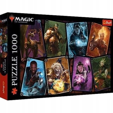 Opakowanie puzzli Trefl 1000 z grafiką z gry Magic: The Gathering, przedstawiające osiem postaci w różnych pozach i kolorach. Widoczne są loga \'Magic: The Gathering\' i \'Trefl\'.
