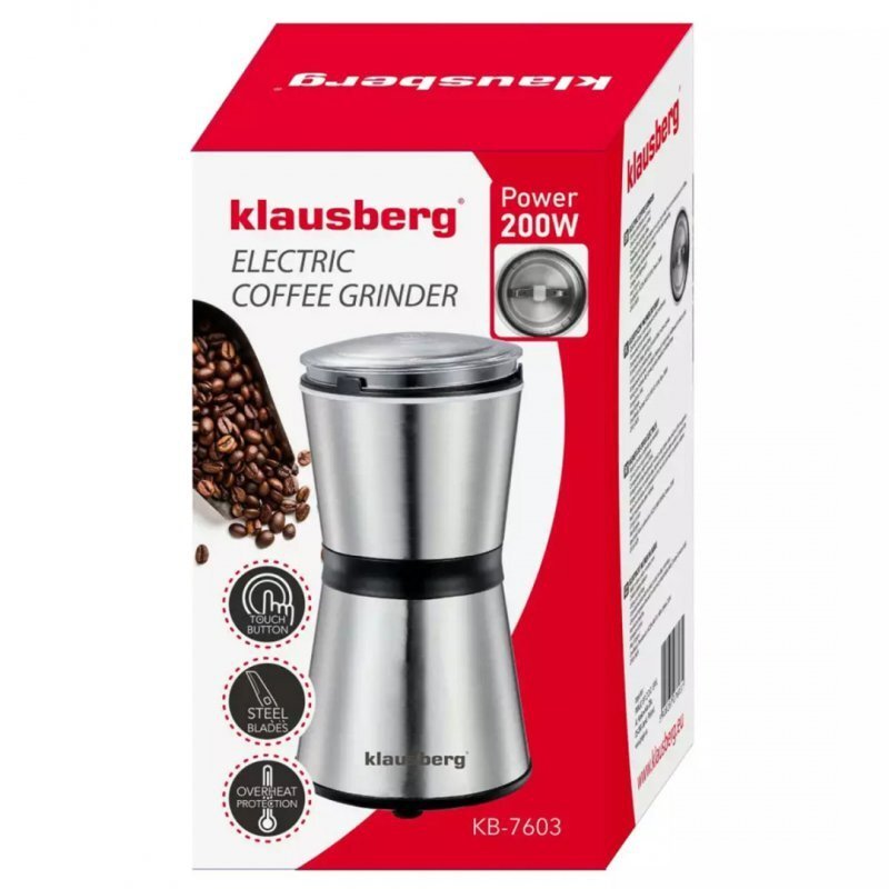 Opakowanie elektrycznego młynka do kawy Klausberg KB-7603 z napisem \'klausberg ELECTRIC COFFEE GRINDER\' oraz informacją \'Power 200W\'. Widoczne są również ikony z opisami: \'TOUCH BUTTON\', \'STEEL BLADES\', \'OVERHEAT PROTECTION\'.