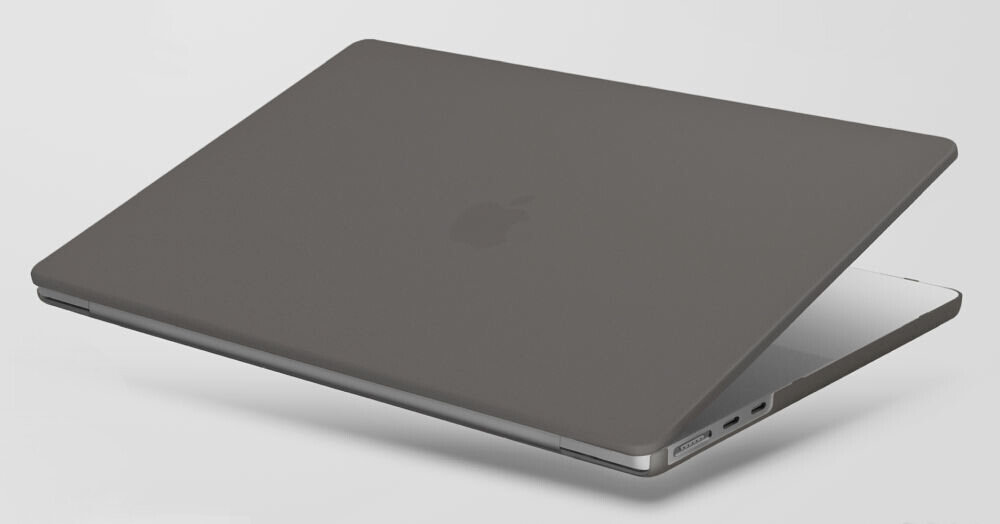 Szary laptop z widocznym logo producenta na pokrywie, częściowo otwarty, ukazujący porty boczne.