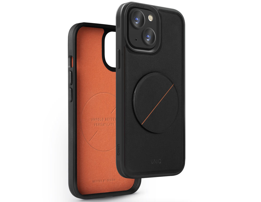 Czarne etui na telefon z okrągłym elementem na tylnej części oraz pomarańczowym wnętrzem. Na wewnętrznej stronie widoczny jest tekst: \'UNFOLD BETTER VERSATILITY\'.