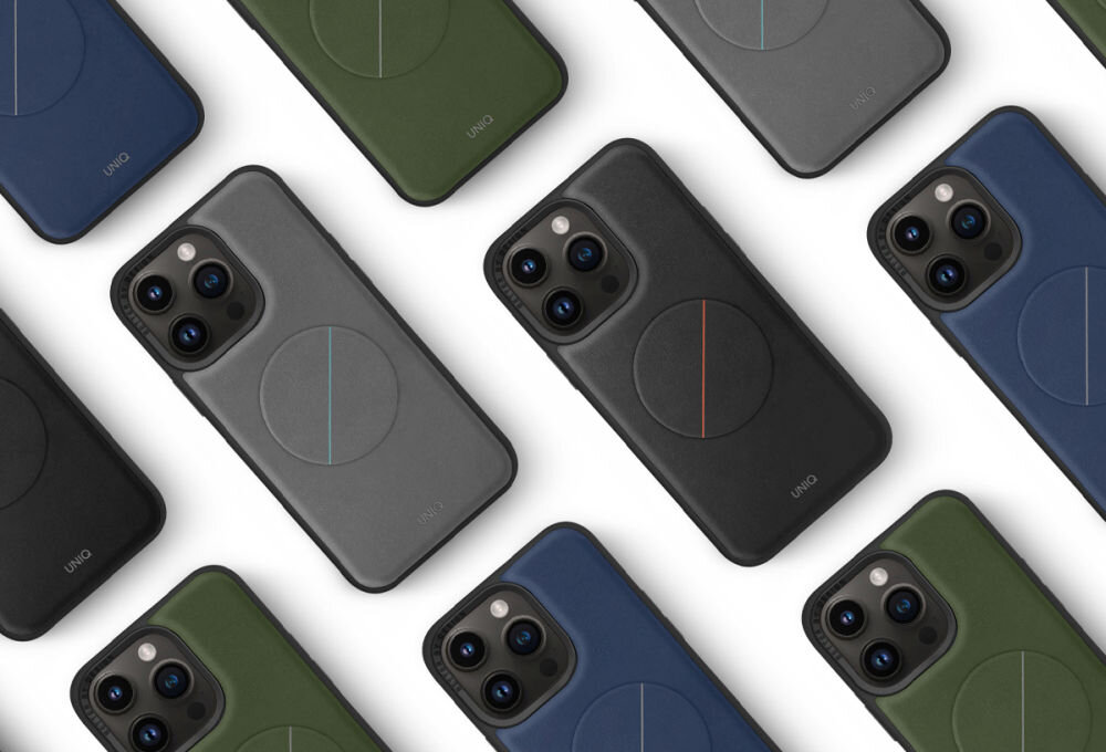 Na obrazie widoczne są różnokolorowe etui na telefon z okrągłym wzorem i napisem \'UNIQ\'. Etui są w kolorach czarnym, szarym, zielonym i niebieskim.