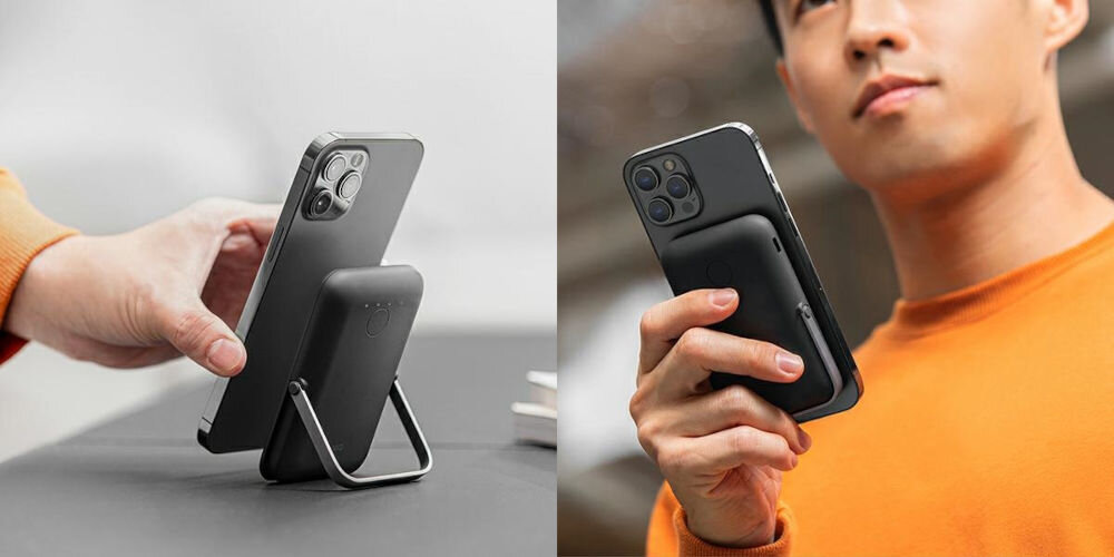 Powerbank UNIQ Hoveo 5000mAh bezprzewodowe ładowanie 15 w, stacja dokująca, aluminiowa konstrukcja, rozsuwana podstawka.