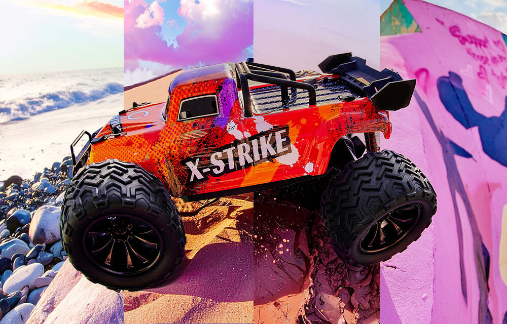Samochód zdalnie sterowany OVERMAX X-Strike Kolaż czterech ujęć samochodu RC X-Strike (w kolorze pomarańczowo-czerwonym) na tle plaży, błękitnego nieba z chmurami, brudnego, piaszczystego zbocza oraz różowego muru z graffiti.