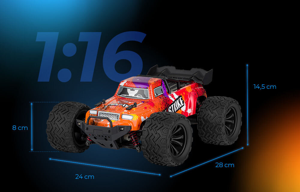 Samochód zdalnie sterowany OVERMAX X-Strike Pomarańczowo-czerwony samochód RC X-Strike widziany z przodu na czarnym tle. Nad nim duży napis 1:16. Naniesione wymiary to: wysokość 14,5 cm, szerokość 24 cm i długość 28 cm.