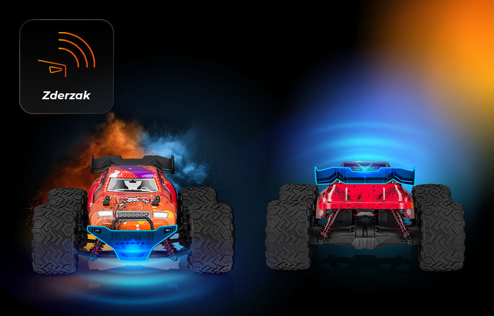 Samochód zdalnie sterowany OVERMAX X-Strike Dwa samochody RC X-Strike stojące obok siebie. Po lewej widok z przodu (pomarańczowo-czerwony) z podświetlonym na niebiesko zderzakiem. Po prawej widok z tyłu (czerwono-czarny). W lewym górnym rogu ikona fal radiowych z napisem Zderzak.