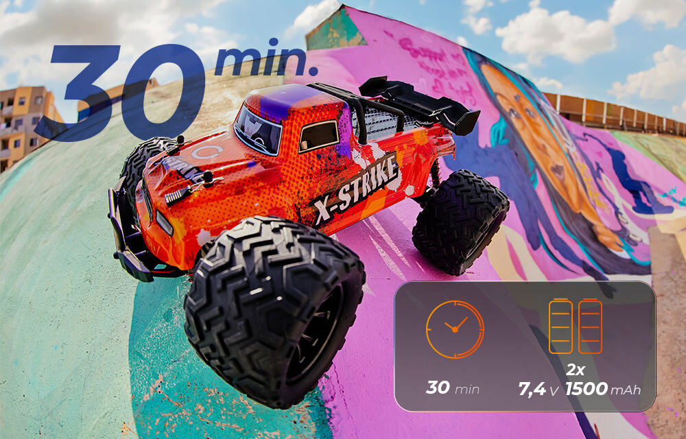 Samochód zdalnie sterowany OVERMAX X-Strike Pomarańczowo-czerwony samochód RC X-Strike na tle kolorowego muru z graffiti. W tle widoczny jest budynek. Na pierwszym planie duży napis 30 min. i ramka z ikonami: zegarem (30 min) i dwoma bateriami (2x 7,4V 1500 mAh).