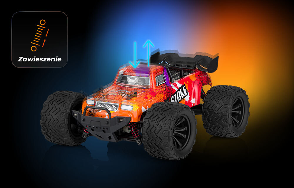 Samochód zdalnie sterowany OVERMAX X-Strike Pomarańczowo-czerwony samochód RC X-Strike na czarnym tle z niebiesko-pomarańczowymi światłami. Nad nim dwie niebieskie strzałki symbolizujące ruch. W lewym górnym rogu ikona sprężynowego amortyzatora z napisem Zawieszenie.