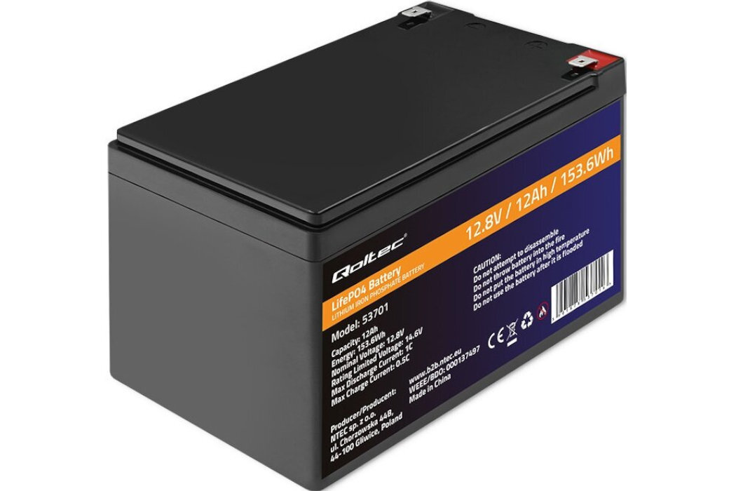 Akumulator QOLTEC 53701 12Ah 12.8V żywotność bateria wspomaganie waga wymiary przenośny