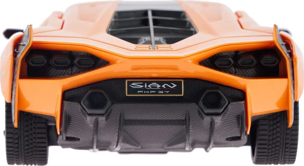 Samochód zdalnie sterowany RASTAR Lamborghini Sian 97800 Tył samochodu RC Lamborghini Sián z tabliczką znamionową, rurami wydechowymi i detalami z włókna węglowego.