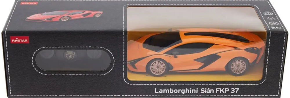 Samochód zdalnie sterowany RASTAR Lamborghini Sian 97800 Model Lamborghini Sián FKP 37 zapakowany w oryginalne czarne pudełko marki Rastar z okienkiem.