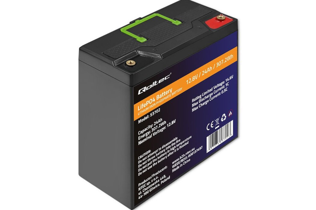 Akumulator QOLTEC 53702 24Ah 12.8V żywotność bateria wspomaganie waga wymiary przenośny