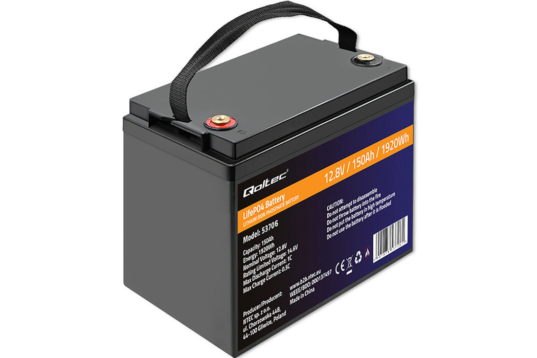 Akumulator QOLTEC LIFEPO4 53706 150AH 12.8V żywotność bateria wspomaganie waga wymiary przenośny