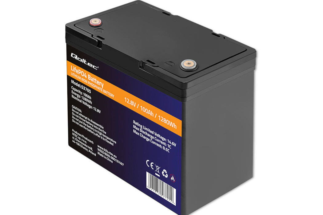 Akumulator QOLTEC 53705 100Ah 12.8V żywotność bateria wspomaganie waga wymiary przenośny