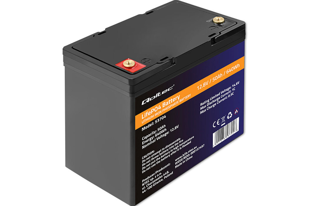 Akumulator QOLTEC 53704 50Ah 12.8V żywotność bateria wspomaganie waga wymiary przenośny