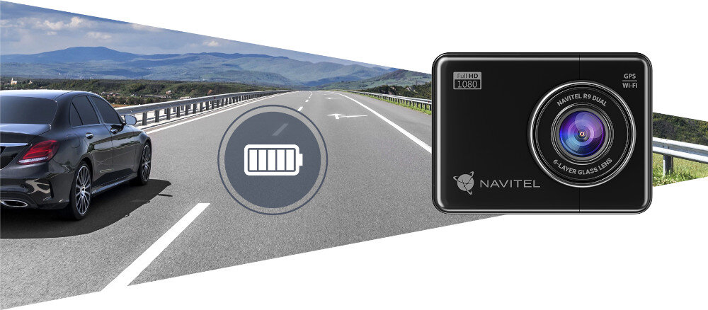 Wideorejestrator NAVITEL R9 Dual baterią 500 mAh trybie offline G-sensor uderzenia lub kolizji trybie parkingowym