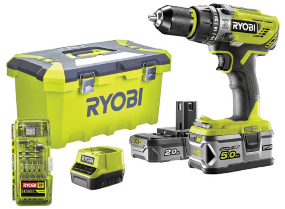 Wiertarko-wkrętarka udarowa RYOBI R18PD31-252TA55 zestaw 2 akumulatory ladowarka skrzynka narzedziowa zestaw akcesoriow instrukcja obsugi karta gwarancyjna