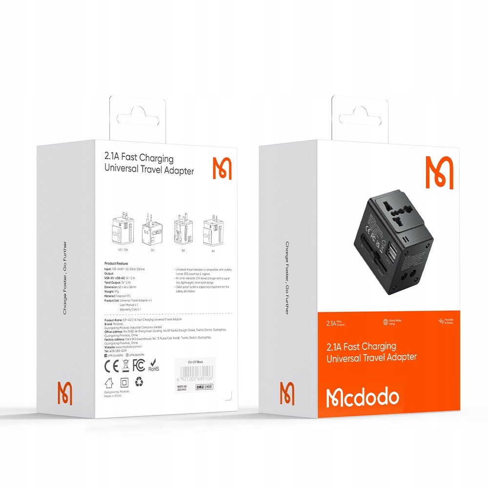 Opakowanie produktu Mcdodo z napisem \'2.1A Fast Charging Universal Travel Adapter\'. Widoczne są ilustracje adaptera oraz logo Mcdodo.