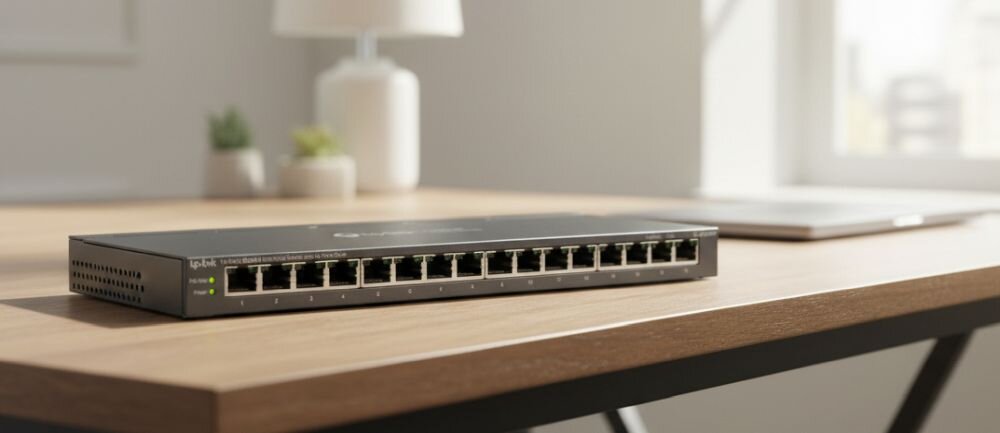 Przełącznik TP-Link Omada Gigabit Ethernet stoi na biurku podczas zarządzania siecią w  biurze.