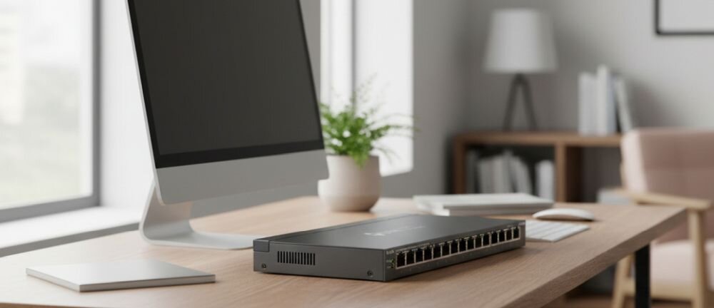 Przełącznik TP-Link Omada Gigabit Ethernet pracuje obok monitora podczas konfiguracji infrastruktury sieciowej w biurze