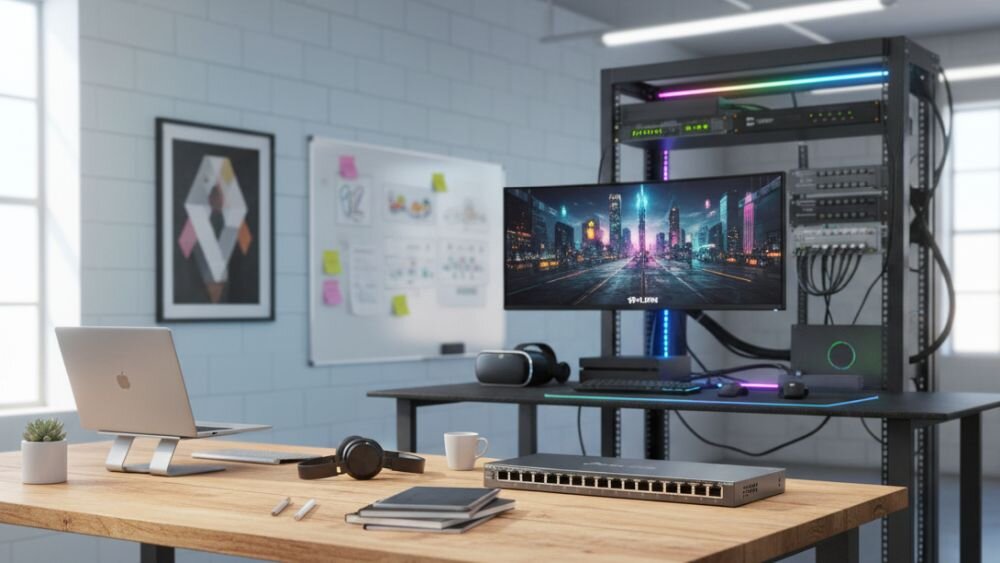 Przełącznik TP-Link Omada Gigabit Ethernet znajduje się na stanowisku administratora sieci w centrum IT.. 