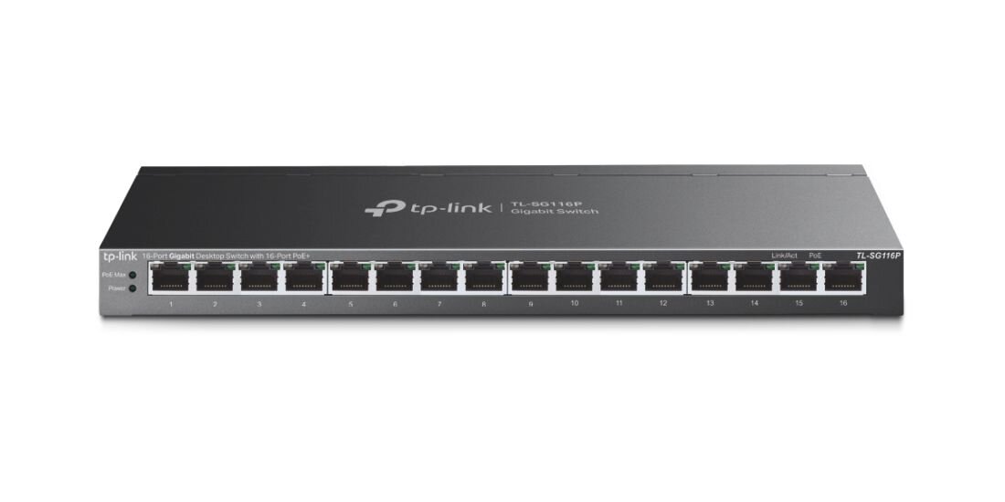 Przełącznik TP-Link Omada z portami Gigabit Ethernet prezentuje panel złączy sieciowych na jasnym tle.