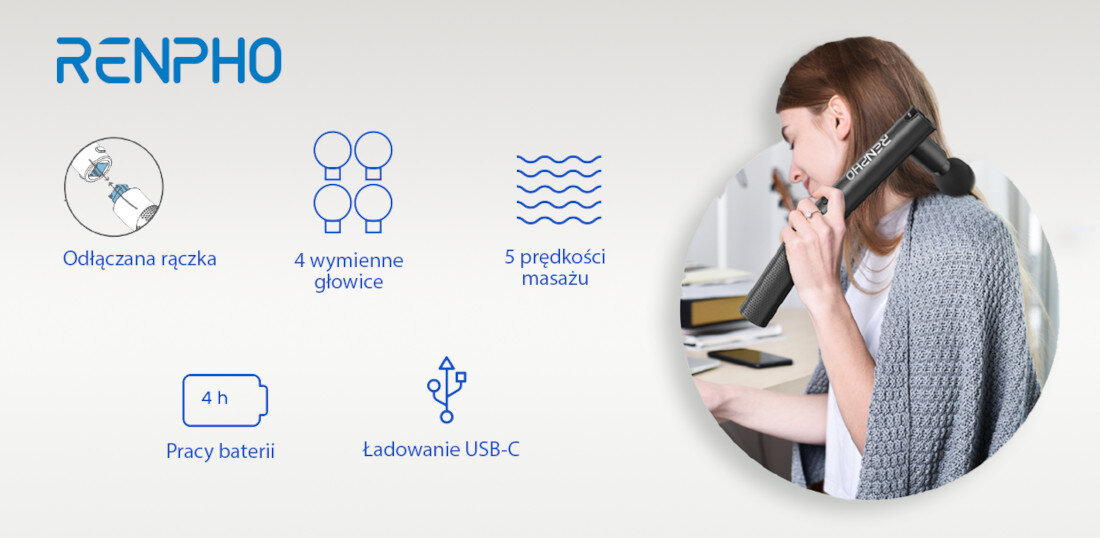 Obraz przedstawia kobietę używającą masażera ręcznego z napisem \'RENPHO\' na urządzeniu. Obok znajdują się ikony i teksty: \'Odłączana rączka\', \'4 wymienne głowice\', \'5 prędkości masażu\', \'4 h Pracy baterii\', \'Ładowanie USB-C\'.