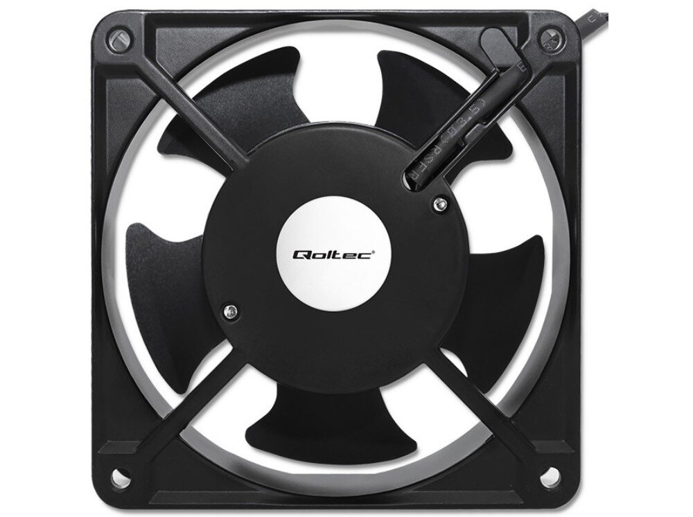 Wentylator do szaf RACK QOLTEC 54506 Na drugim zdjęciu przedstawiono wentylator widziany od przodu z widocznymi łopatkami śmigła i centralnym elementem z logo producenta, działanie, mocowanie